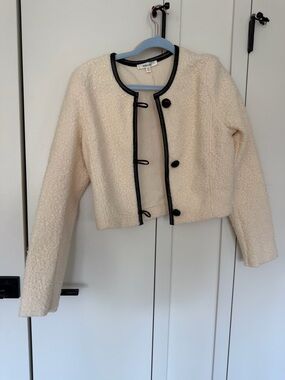 Maje Cream Bouclé Cropped Sherpa Jacket with Black Leather Trim